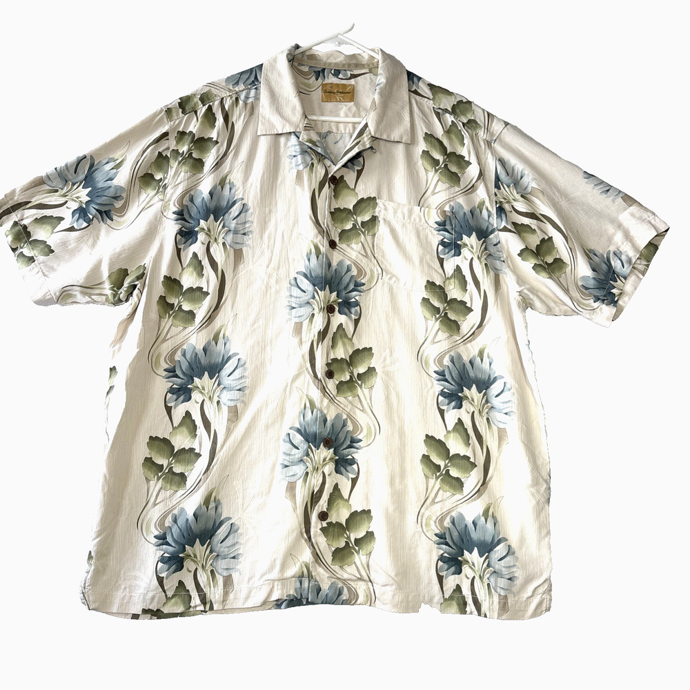 Tommy Bahama Mens Button Up Hawaiian Shirt Sz XL/TG Beige 100% Silk Short Sleeve